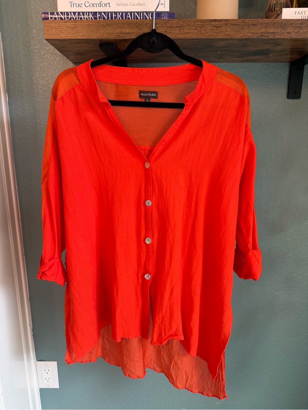 Multiples Orange Gauze Button Front Tunic Blouse Roll Tab Sleeve Size L